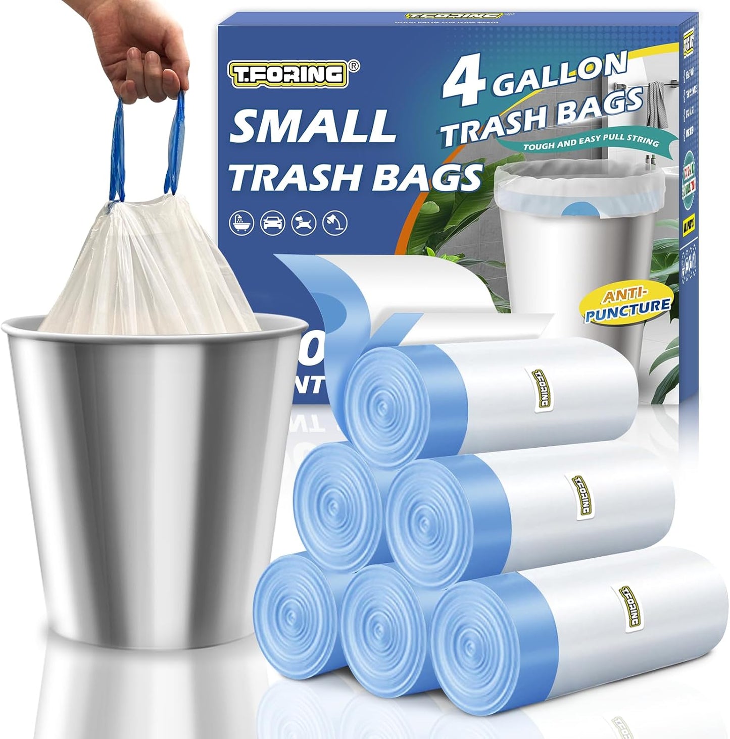 Skiennix 4 Gallon Trash Bags - Thick Drawstring White Plastic Garbage Liners for Home & Office
