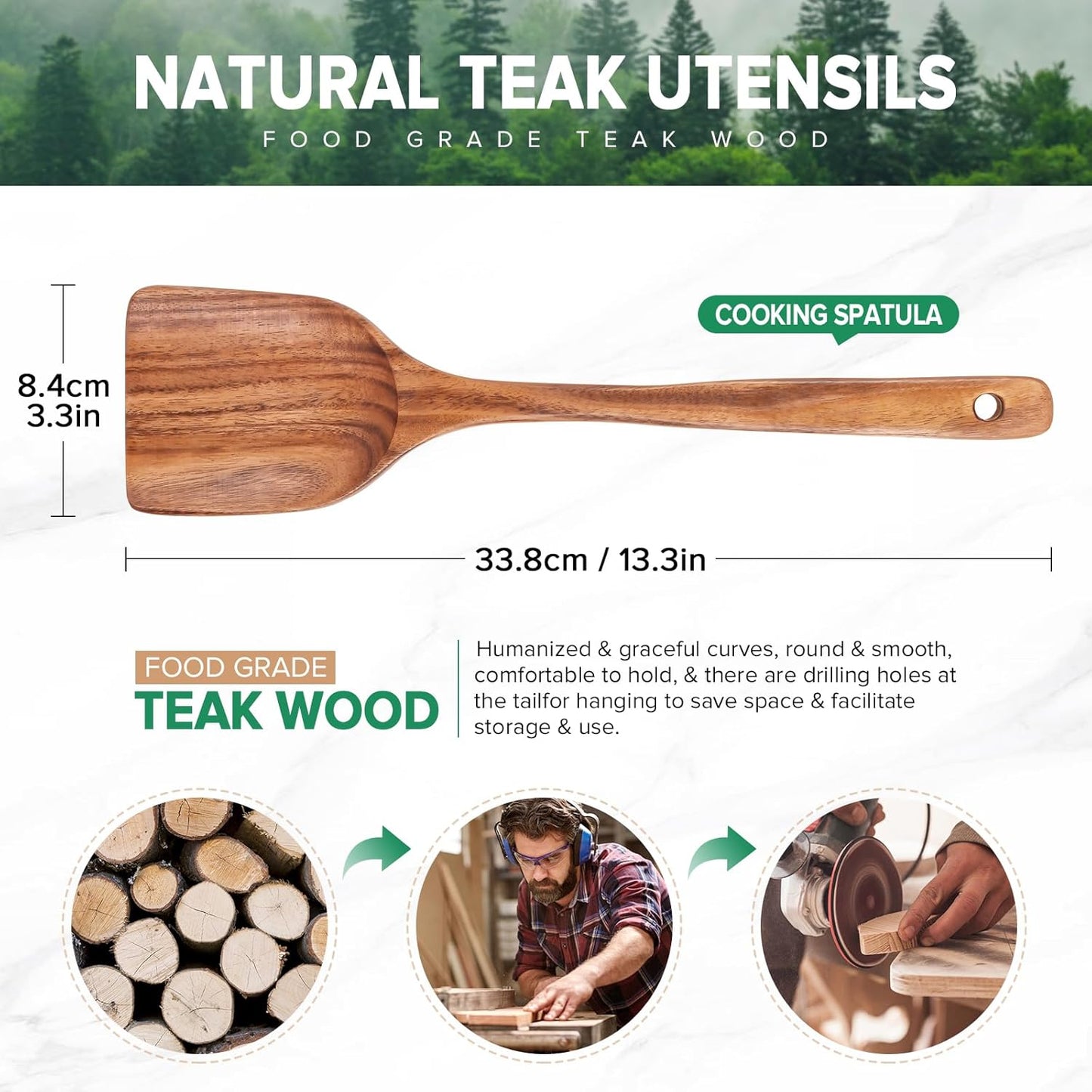 Teak Wood Spatula by [Brand Name] - Non-Toxic Cooking Utensil with Long Handle | 13.4" for Frying & Serving