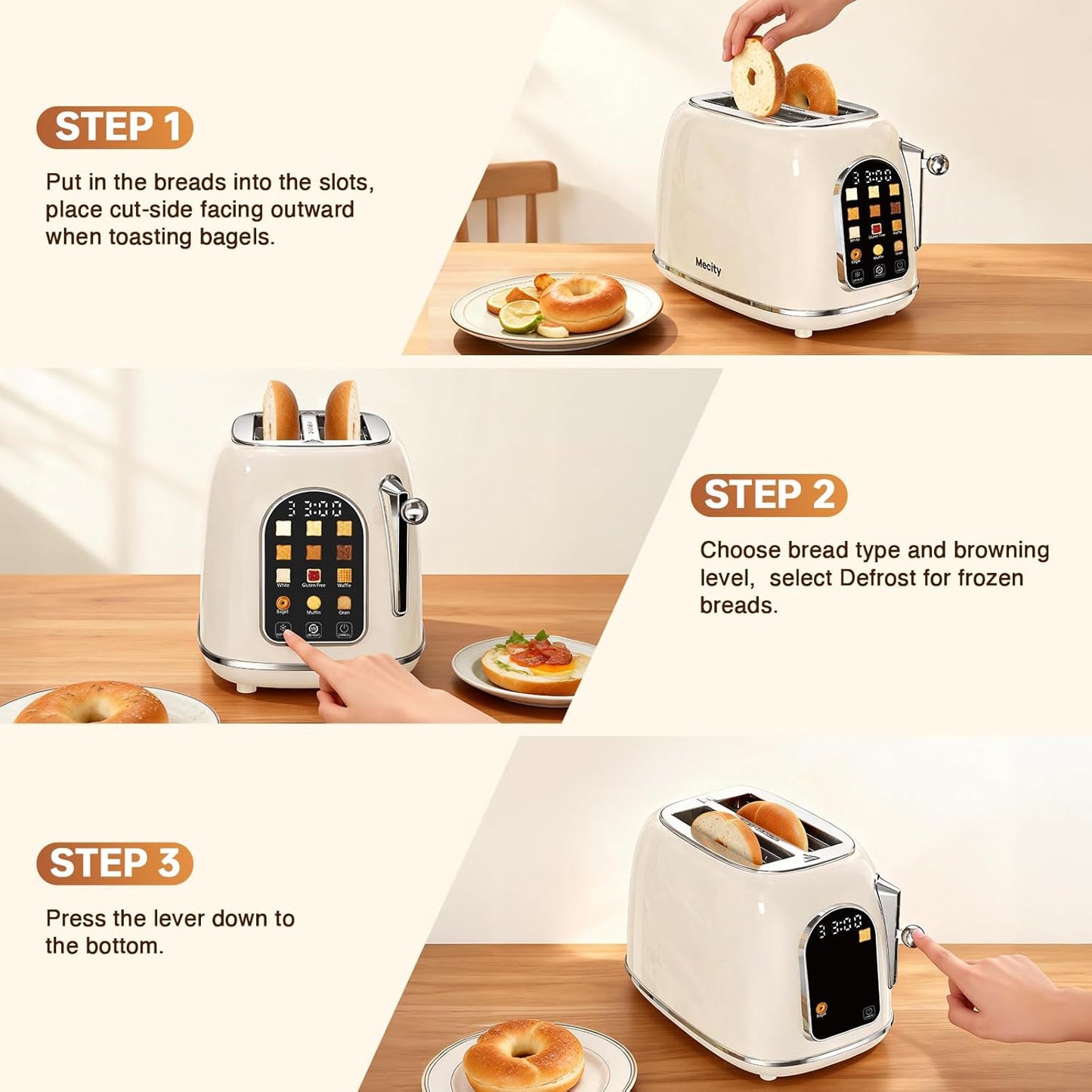 Mecity 2-Slice Toaster - Touch Screen Retro Design for Breads, Bagels & Muffins | Cream Color, 120V 825W