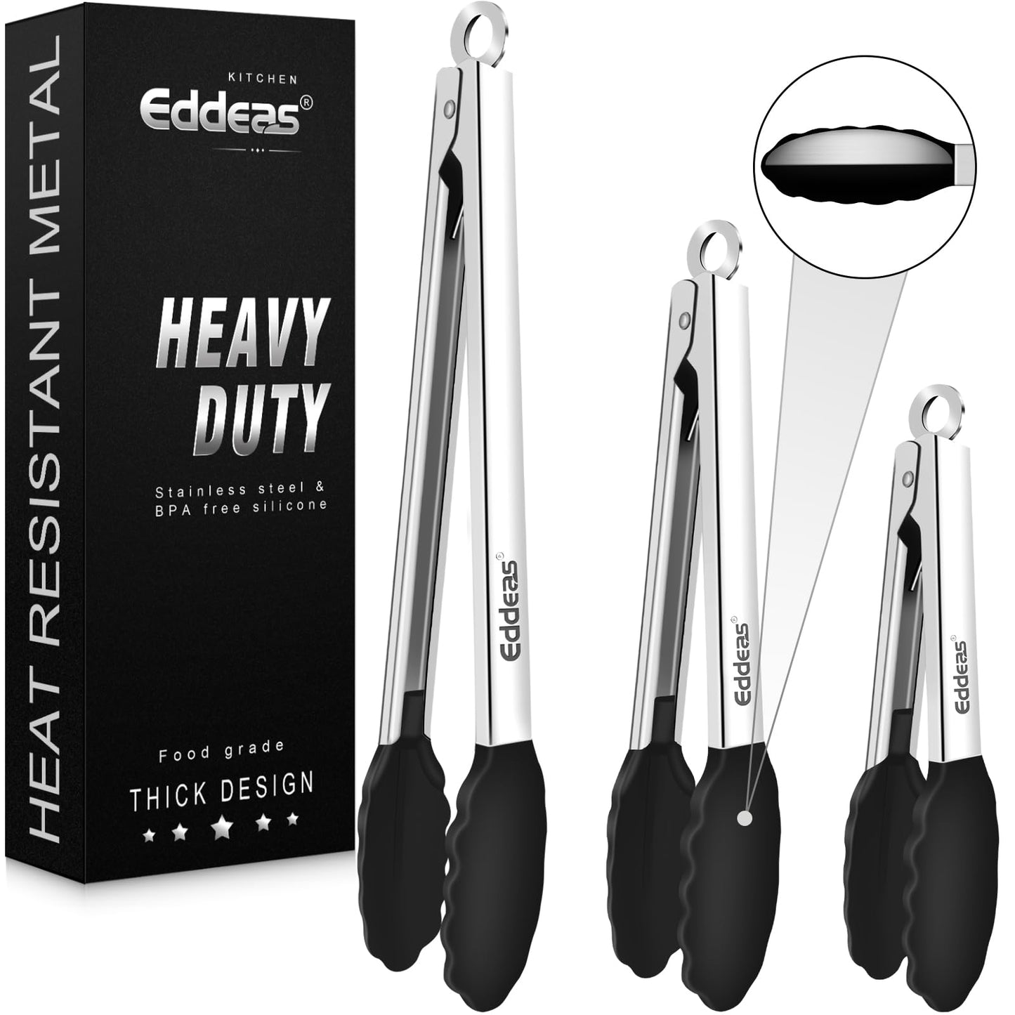 Kitchen Tongs with Silicone Tips, Heat Resistant 600 Degrees All Metal handle Locking Tongs For Cooking with Rubber Tips, Heavy Duty Stainless steel Food Tongs, Set of 3-7" 9" & 12" Black