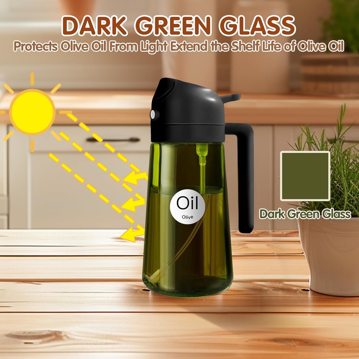 YARRAMATE Olive Oil Dispenser Bottle - 2-in-1 Light Blockage Dark Oil Sprayer, 16oz Green Glass | Food-Grade Mister for Cooking & BBQ