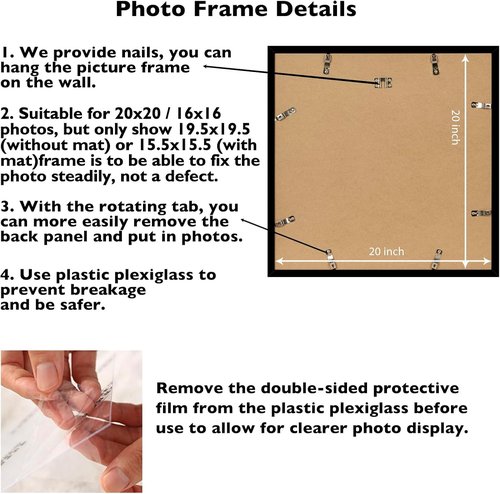 JCJMY 20x20 Picture Frame - Black Wall Hanging Frame with 16x16 Mat & Shatter Resistant Plexiglass