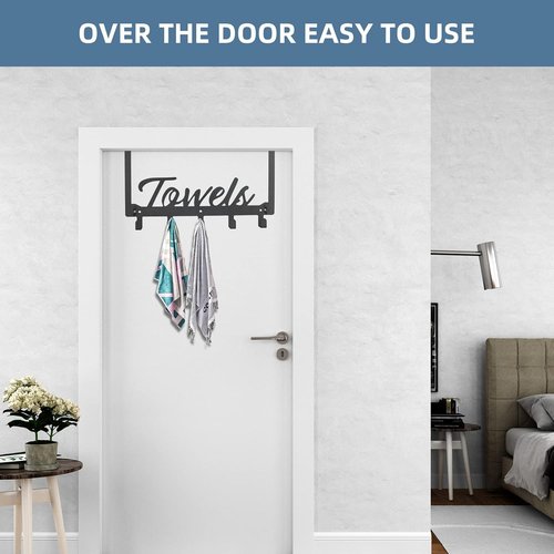 Azmoncy Over The Door Hooks - Heavy Duty Towel Rack with 5 Coat Hooks | Black for Bathroom & Kitchen