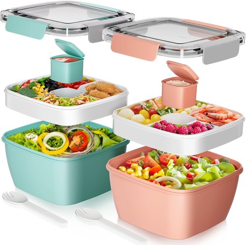 Cherrysea Salad Lunch Box - 2-Pack Bowls with 3 Compartments, Leak-Proof & Includes Fork | Green & Pink