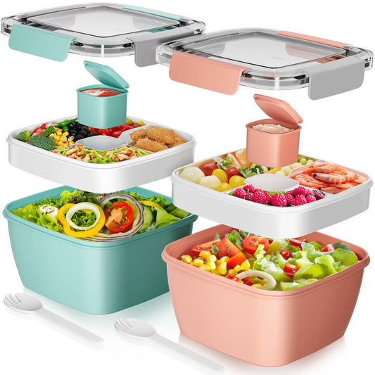 Cherrysea Salad Lunch Container, 68oz Salad Bowls with 4 Compartments Tray,Leak Proof Lunch Box with Fork for Men,Women BPA-Free Snack Container with Sauce Container for Dressings-Blue