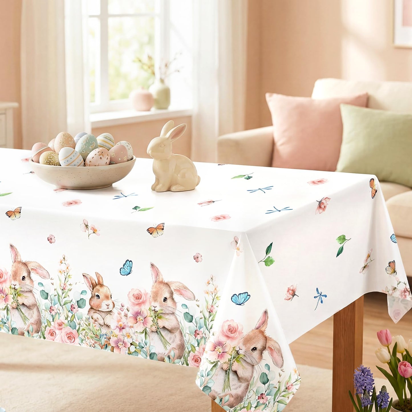 Vanulus 3Pcs Spring Easter Bunny Party Tablecloth Cute Rabbits Pink Floral Disposable Plastic Table Cover Rectangle Table Cloth for Spring Farmhouse Picnic Dinner Table 54x108Inch