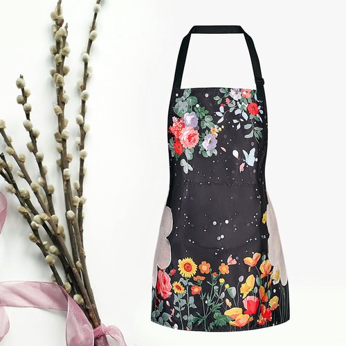 DILLMAN 2 Pack Floral Aprons with Pocket, Blooming Womens Aprons Waterproof Adjustable Cooking Aprons for Kitchen Gardening and Salon (2Pack #A)