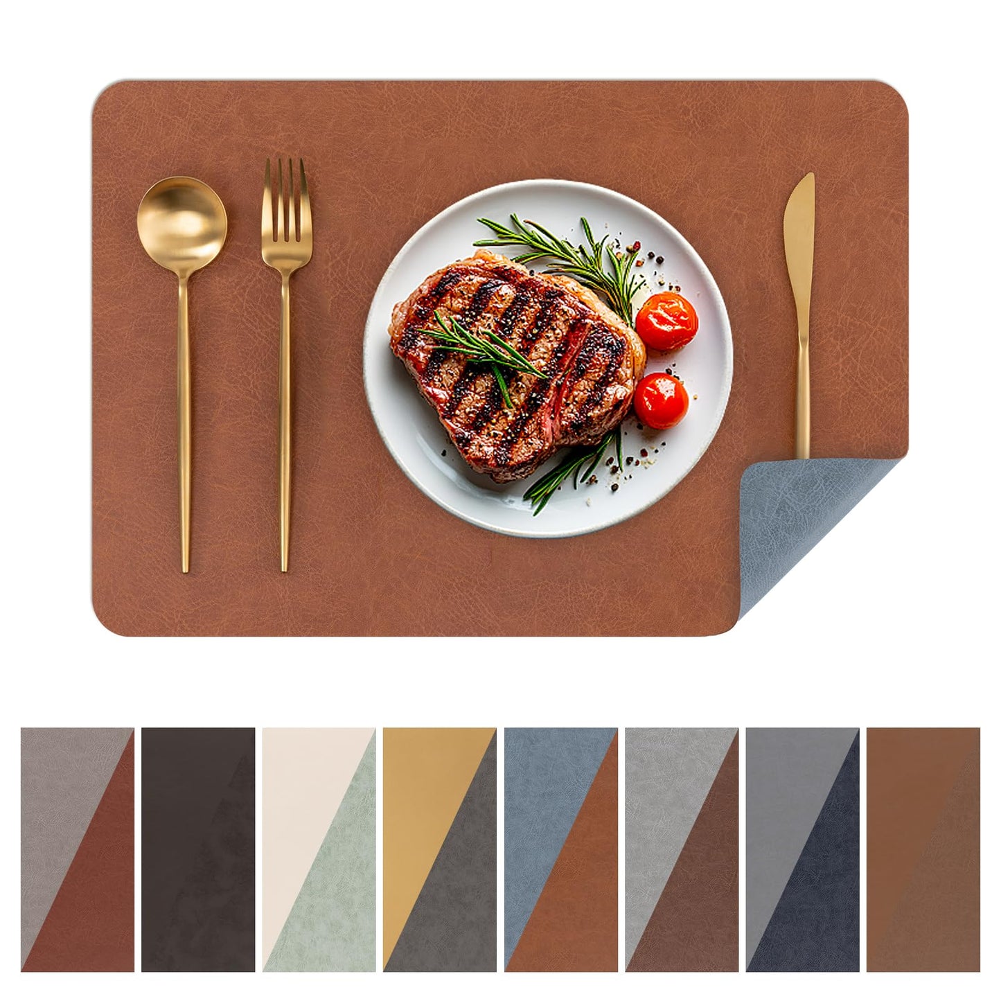 SHACOS Faux Cowhide Leather Placemats Set of 6, Wipeable Heat Resistant Table Mats, Stain Resistant Double Sided Reversible PU Place Mats for Dining Table Kitchen Restaurants, Brown and Blue