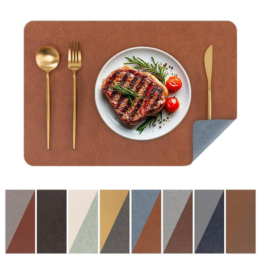 SHACOS Faux Cowhide Leather Placemats Set of 6, Wipeable Heat Resistant Table Mats, Stain Resistant Double Sided Reversible PU Place Mats for Dining Table Kitchen Restaurants, Brown and Blue
