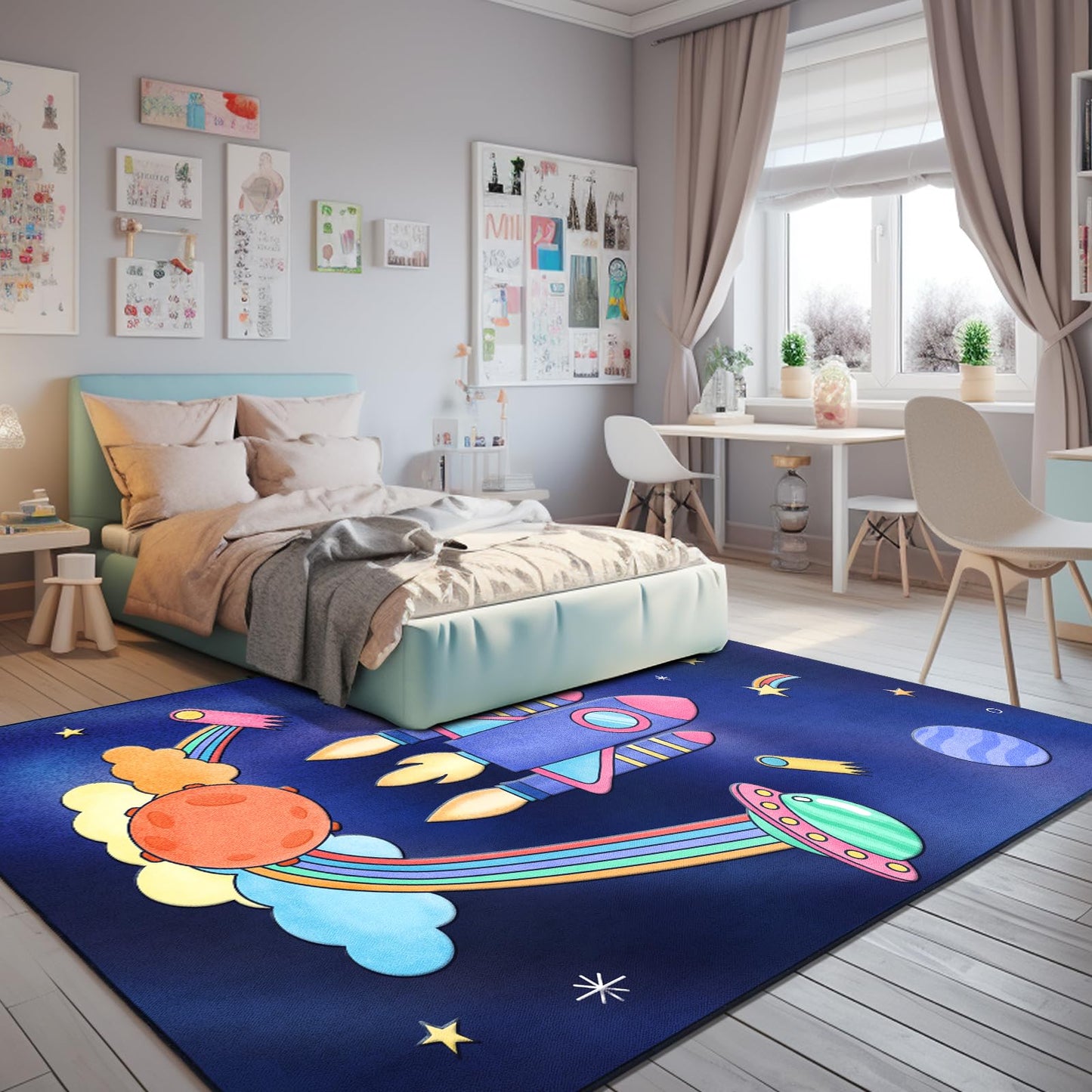 Space Rockets Rug for Kids Room Solar System Area Rugs for Boys Bedroom Kids Rugs for Playroom Space Planet Theme Rug Living Room Dining Room Decor 48x72 inch