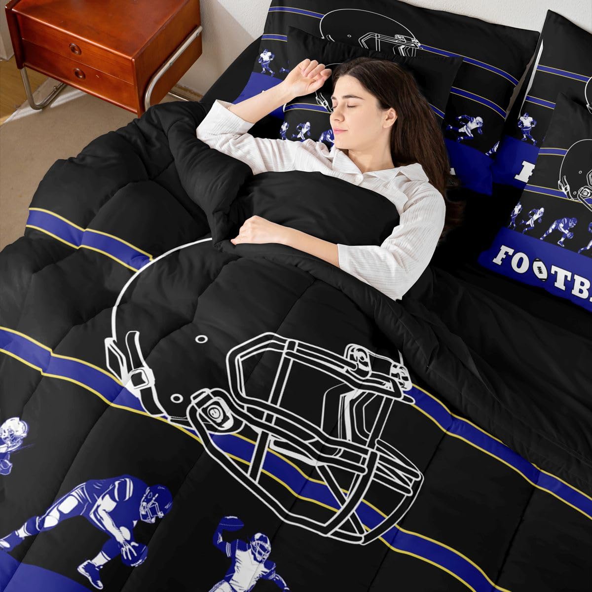 Erosebridal 7 Pieces Bed in a Bag King Comforter Set with Sheets, Football Design Bedding Sets for All Season,1 Comforter, 2 Cushion Covers, 1 Flat Sheet, 1 Fitted Sheet, 2 Pillowcases