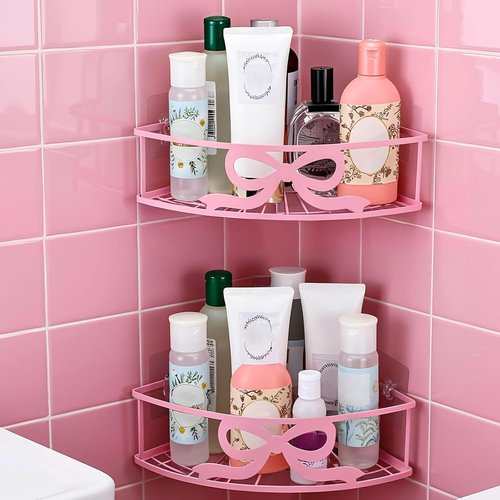 Coquette Corner Shower Caddy - No Drilling Pink Bow Shelves with 5 Adhesive Hooks | 2 Pack for Bathroom & Kitchen Decor