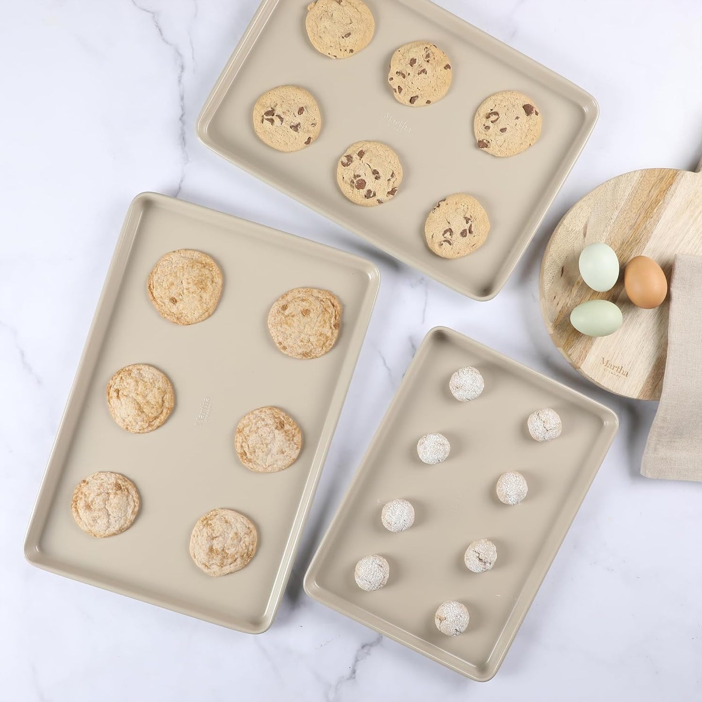 Martha Stewart Gallen 3-Piece Cookie Sheet Set | Nonstick Ceramic Baking Pans - 13", 15", 17", Taupe