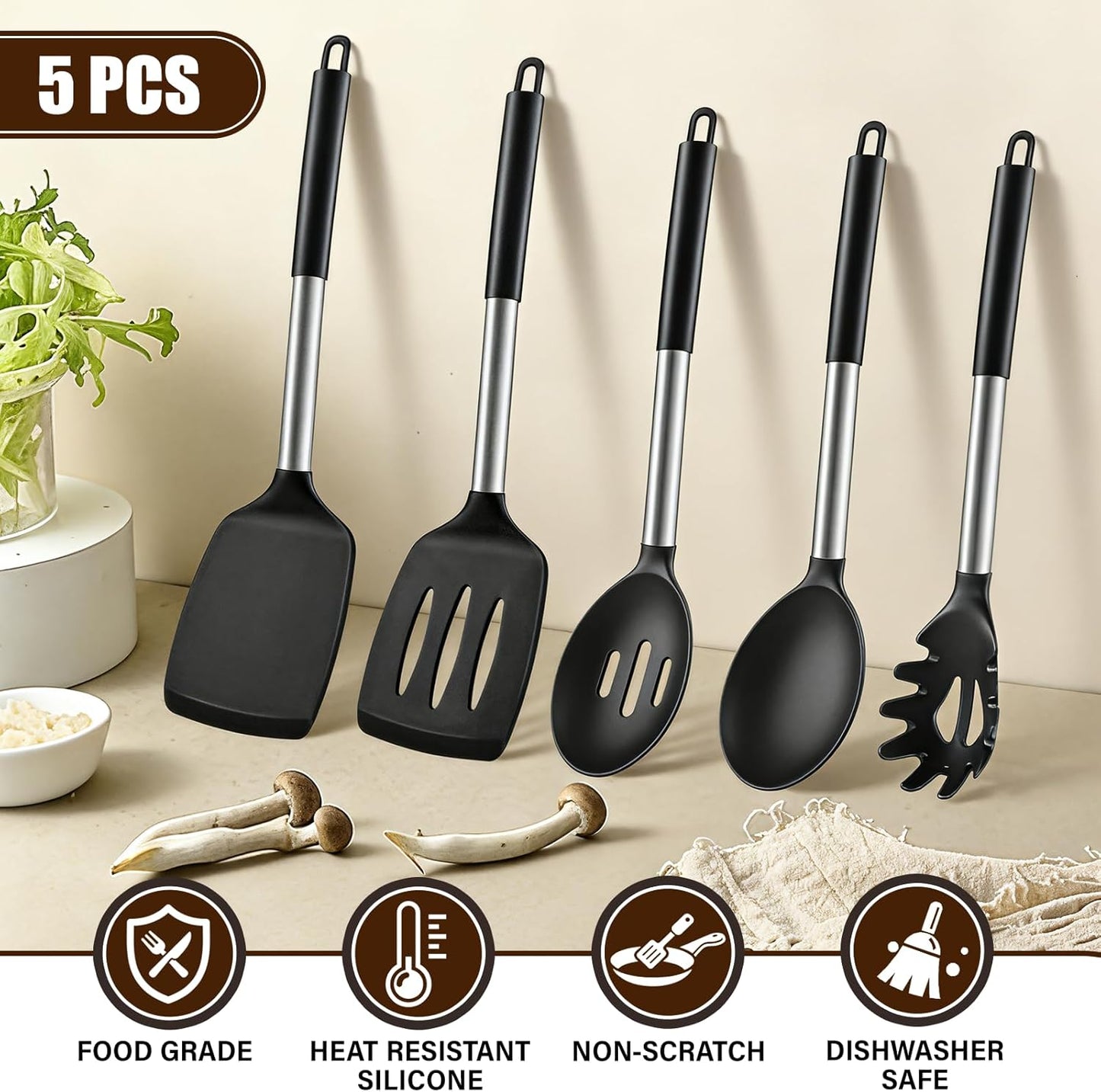 Skiennix Silicone Cooking Utensils Set - 5 Heat Resistant Kitchen Tools for Nonstick Cookware | Black