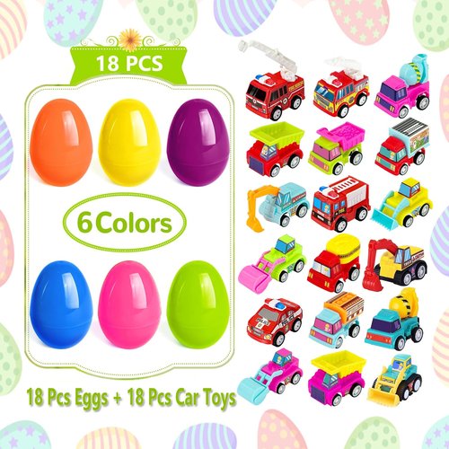 Atiger 18 PCS Easter Egg Fillers with Toys Inside, Easter Basket Stuffers for Toddlers Filled Pull Back Engineering Vehicles Plastic Eggs Party Favors for Kids Egg Hunt Gift Easter Basket Essentials