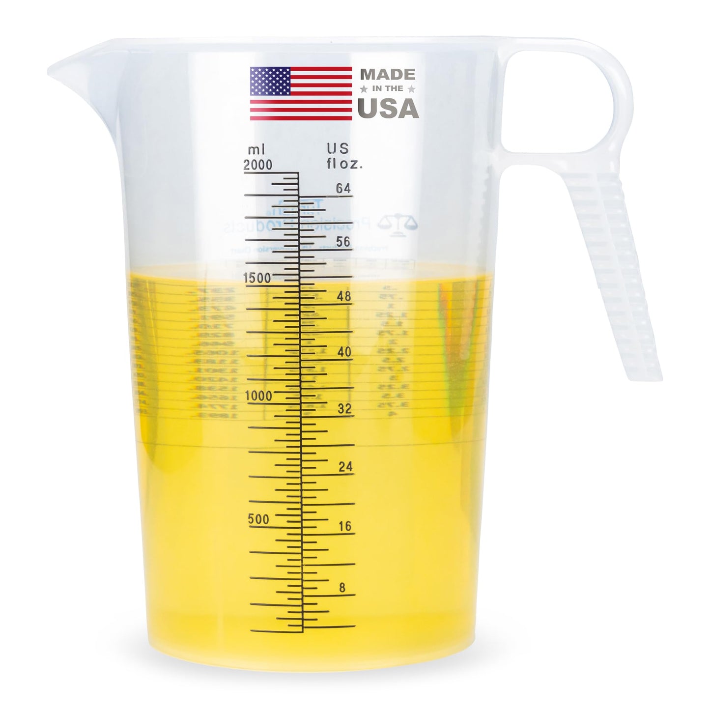 Half Gallon 64oz (2 quart) Measure Pitcher- Conversion Chart-Strong Food Grade - Resistant to Chemicals- Great for Lawn, Pool & Spa, Ag, Home Hobbies, Lye, Cooking, Shop Motor Oil Fluids Made In USA