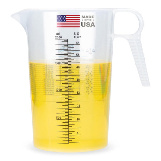Half Gallon 64oz (2 quart) Measure Pitcher- Conversion Chart-Strong Food Grade - Resistant to Chemicals- Great for Lawn, Pool & Spa, Ag, Home Hobbies, Lye, Cooking, Shop Motor Oil Fluids Made In USA