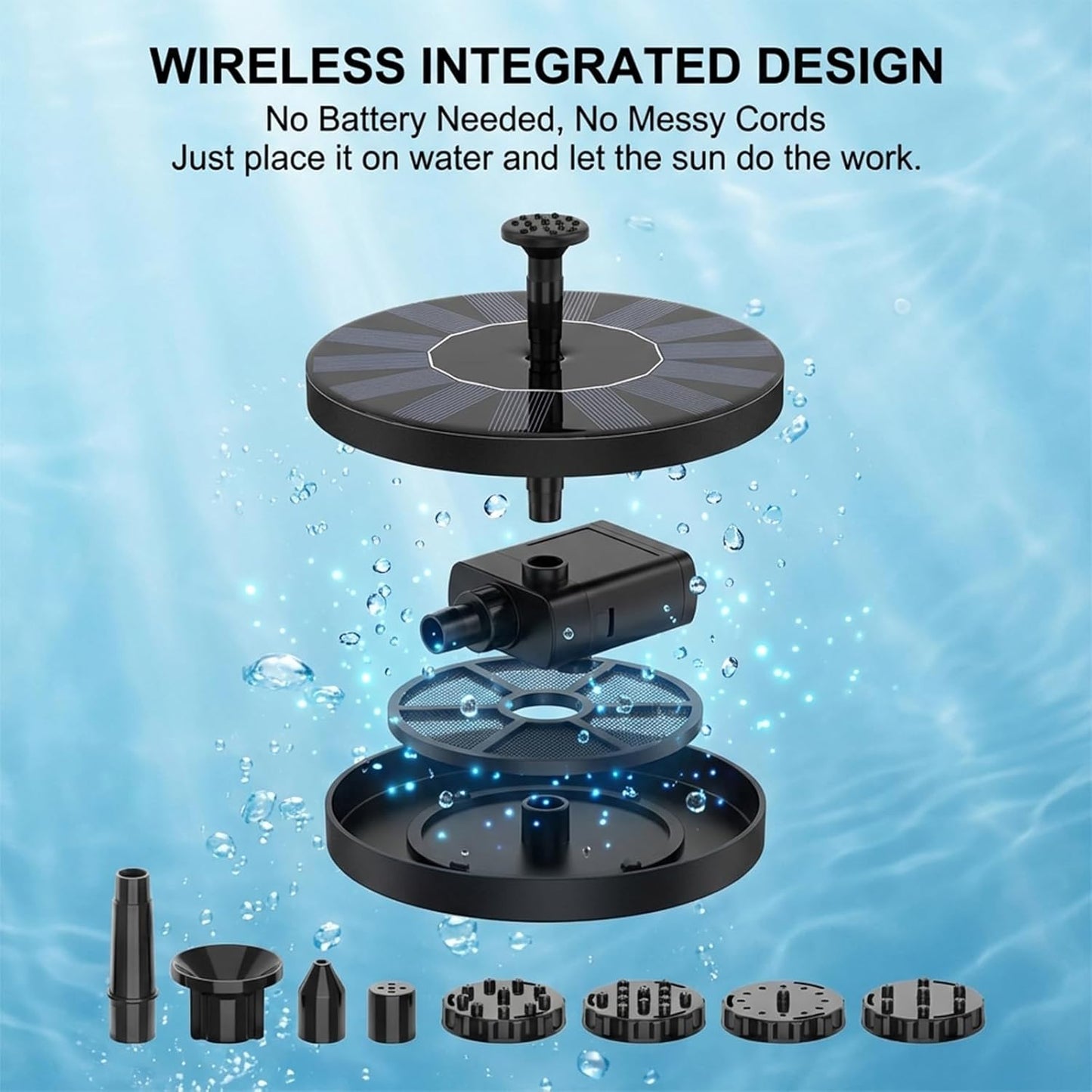 Solar Fountain - Mini Floating Water Fountain with 6 Nozzles for Bird Bath, Garden & Pond (5.1 Inch)