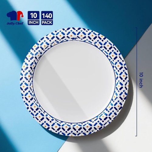JOLLY CHEF 10-Inch Disposable Paper Plates - 140 Count, Soak-Proof & Cut-Proof for Parties & Picnics