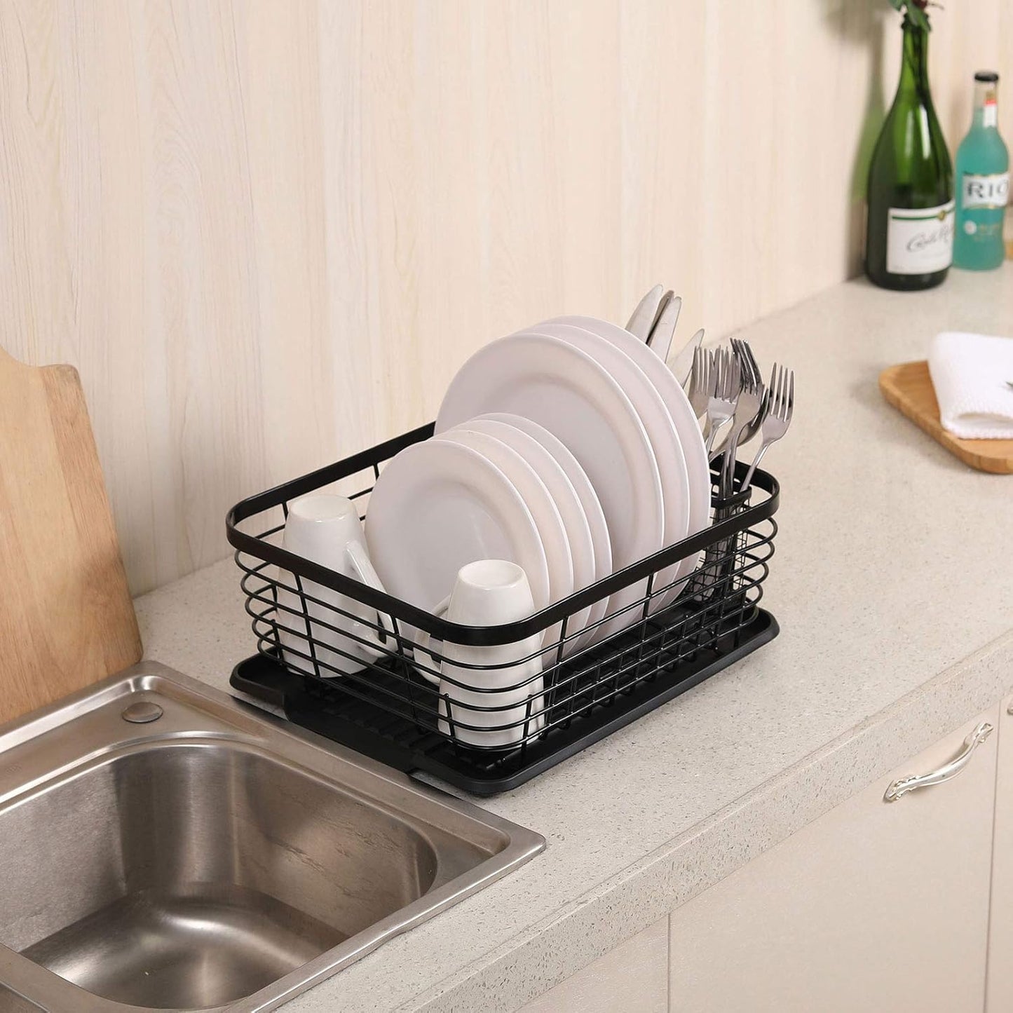 TQVAI Kitchen Dish Drainer Rack - Includes Drying Board & Full-Mesh Utensils Holder | Black