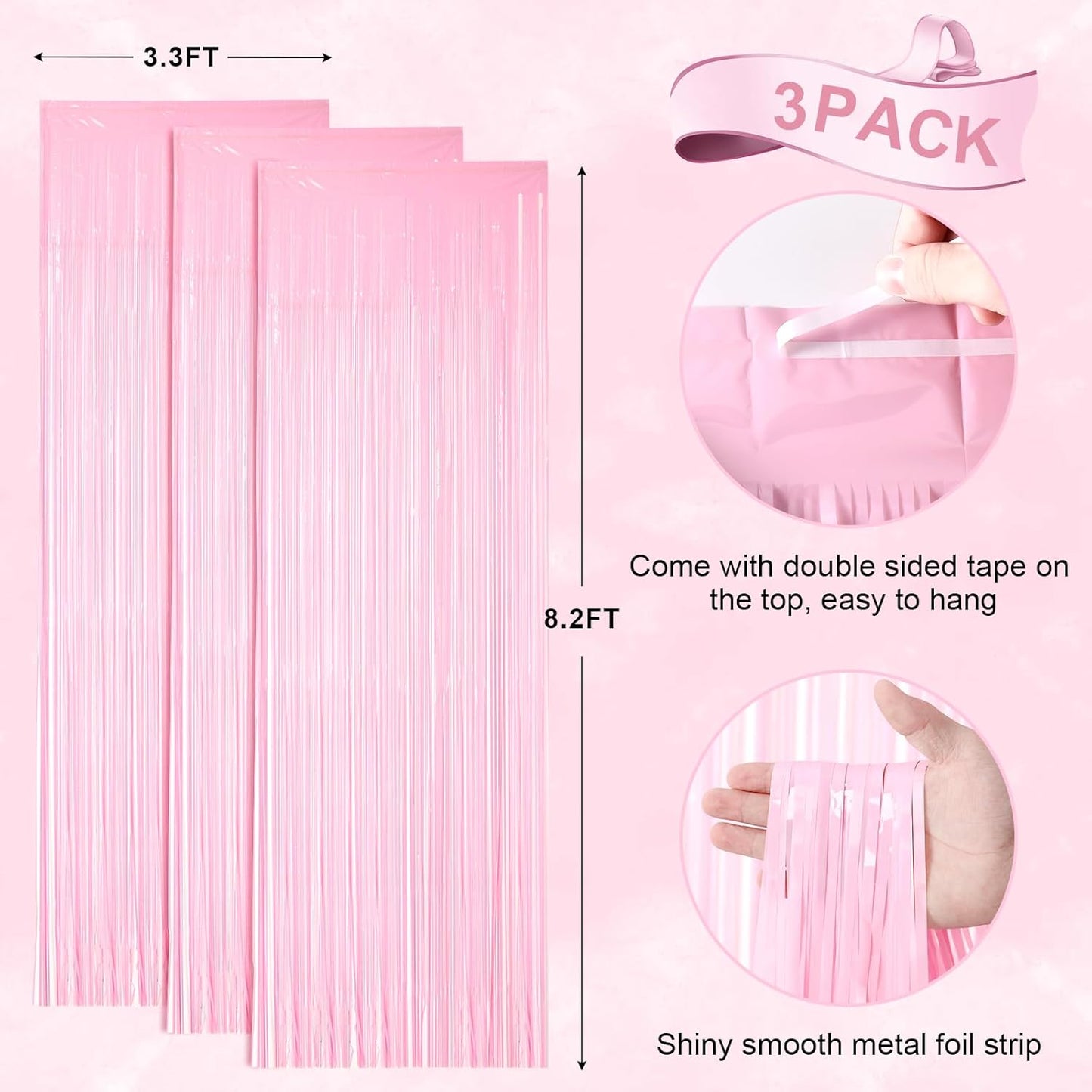 Voircoloria Foil Fringe Backdrop Curtains - 3 Pack of 3.3 x 8.2 ft Pasel Pink Tinsel Streamers for Parties