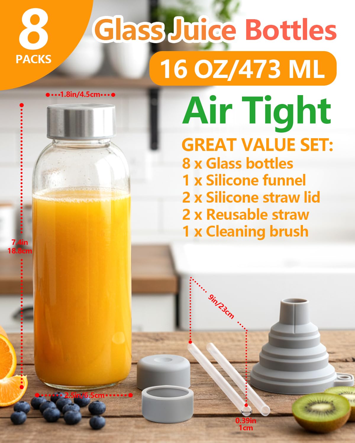 Zukro Glass Water Bottles with Lids & Straw 16 oz, 8 Pack Reusable Juice Bottles With Stainless Steel Cap for Juicing, Leak Proof Clear Smoothie Drinking Jars Beverages Containers, BPA Free