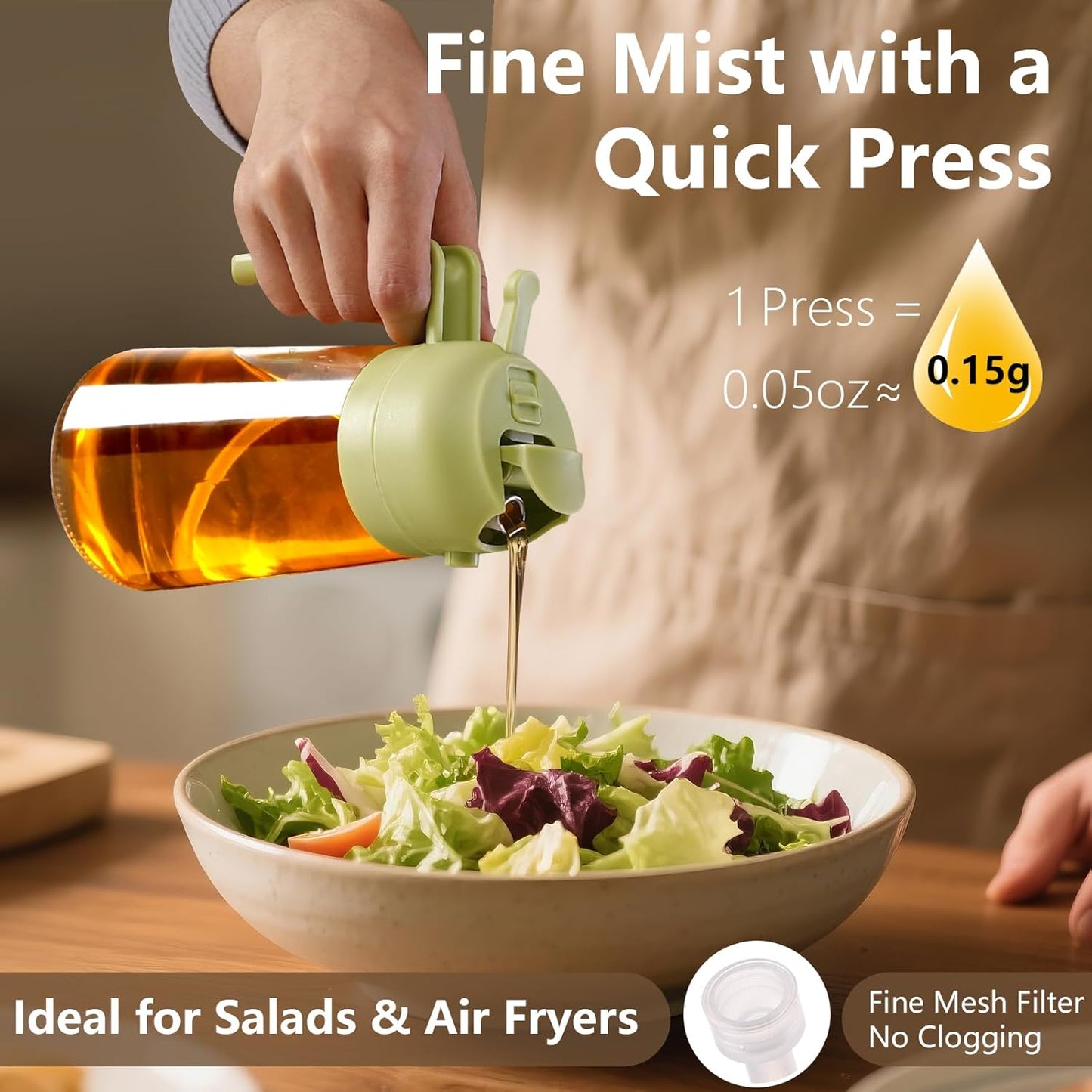 Sweet View 16oz Oil Dispenser & Sprayer - Glass Olive Oil Pourer for Kitchen & BBQ (Green)