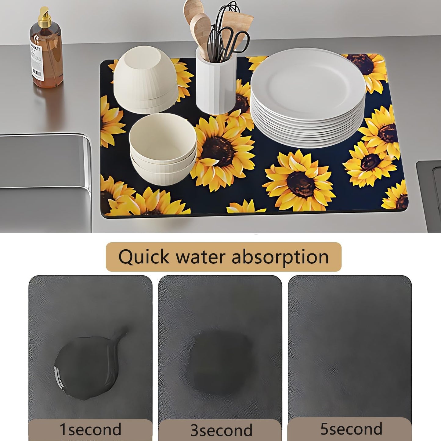 Skiennix Foldable Dish Drying Mat - Absorbent Multi-Purpose Sink Pad | Easy to Clean, Sunflower Design (12x16 Inches)