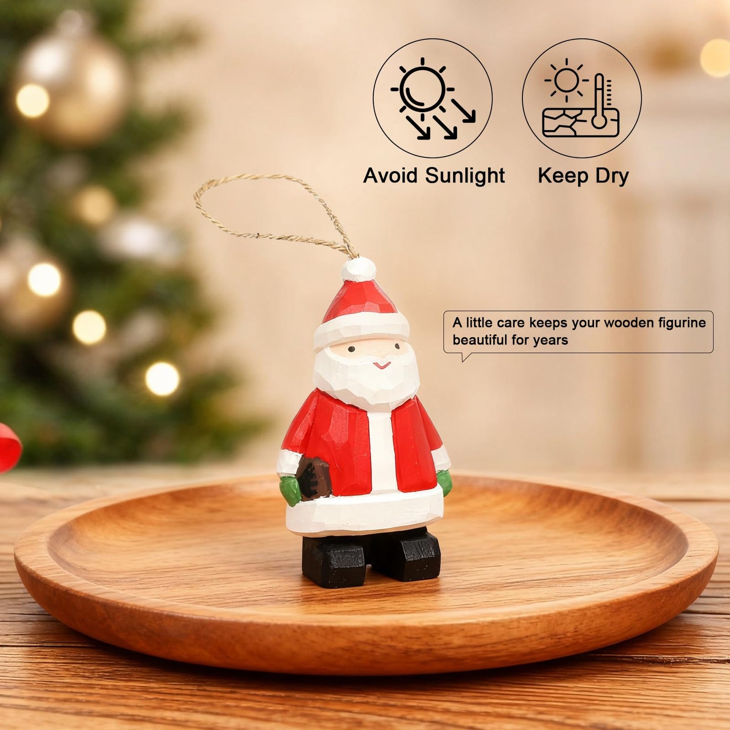 JSSTEM Wood Handmade Christmas Ornament, Rustic Holiday Tree Hanging Decoration, Hand Painted Wooden Figurine Gift for Home Décor(Santa Claus)