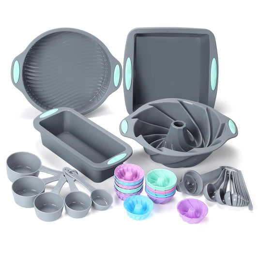 To encounter 45 Pieces Silicone Bakeware Set, Heat Resistant Baking Pans, Nonstick Baking Molds for Cake, Bread and Cupcake, with Measuring Cups and Spoons Set, Light Grey