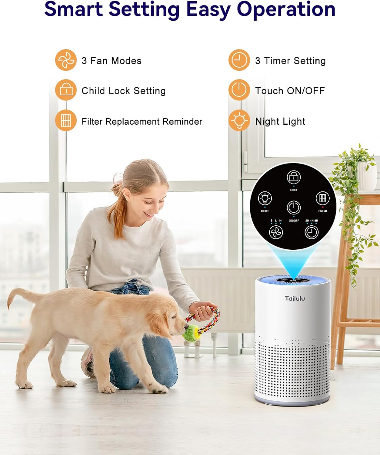 Tailulu H13 True HEPA Air Purifier - Portable 1200 Ft² Odor & Dust Cleaner with 12dB Sleep Mode & Timer