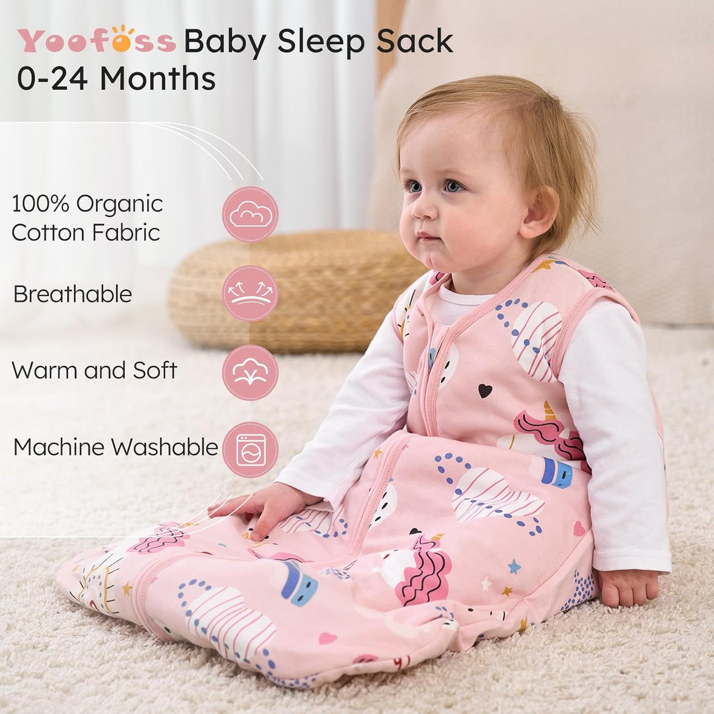 Yoofoss Baby Sleep Sack - 100% Organic Cotton Wearable Blanket for 6-12 Months | TOG 2.5, 2-Way Zipper