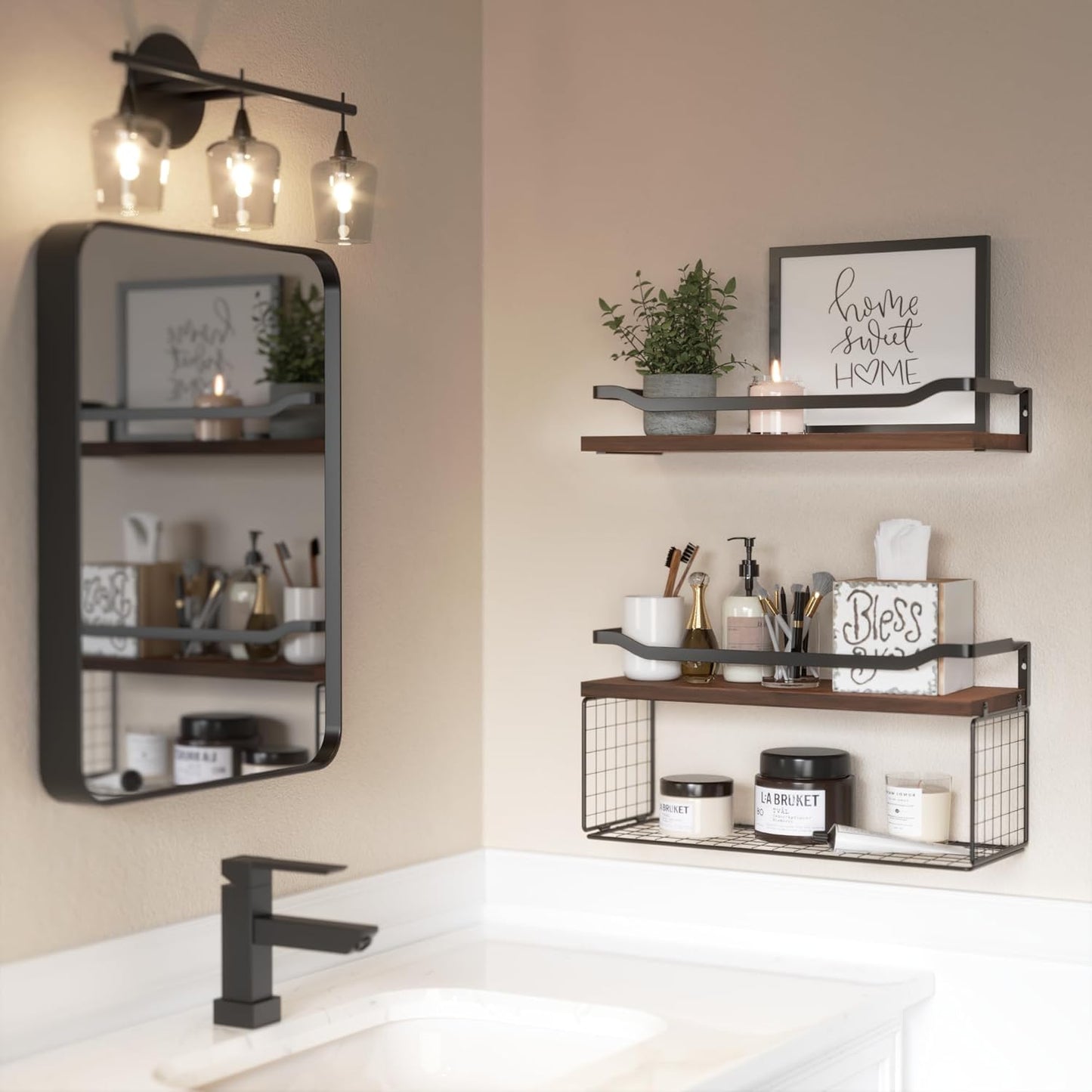 WOPITUES Floating Shelves - Wood Wall Storage with Wire Basket & Metal Guardrail - Dark Brown