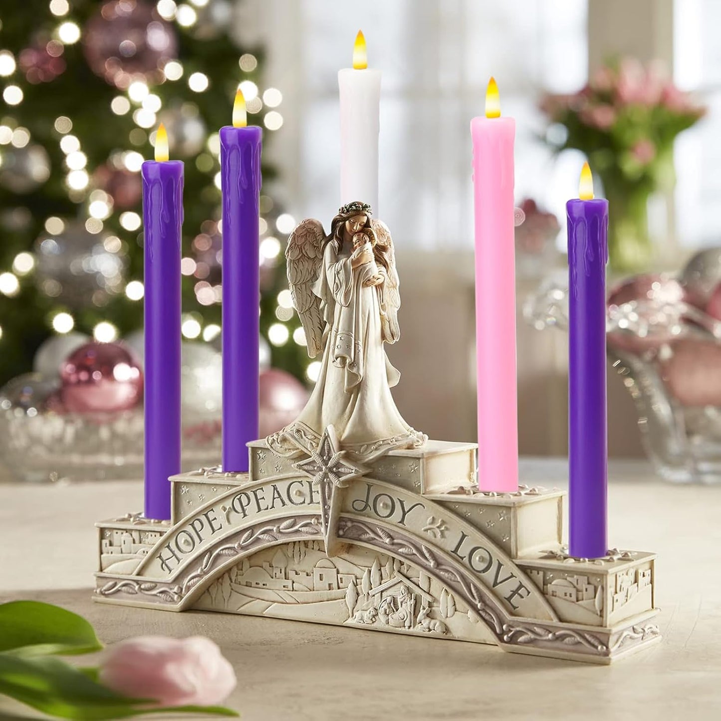 Lezonic Flameless Advent Candles - Battery Operated LED Taper Set of 5 | 3 Purple, 1 Pink, 1 White for Christmas Decor