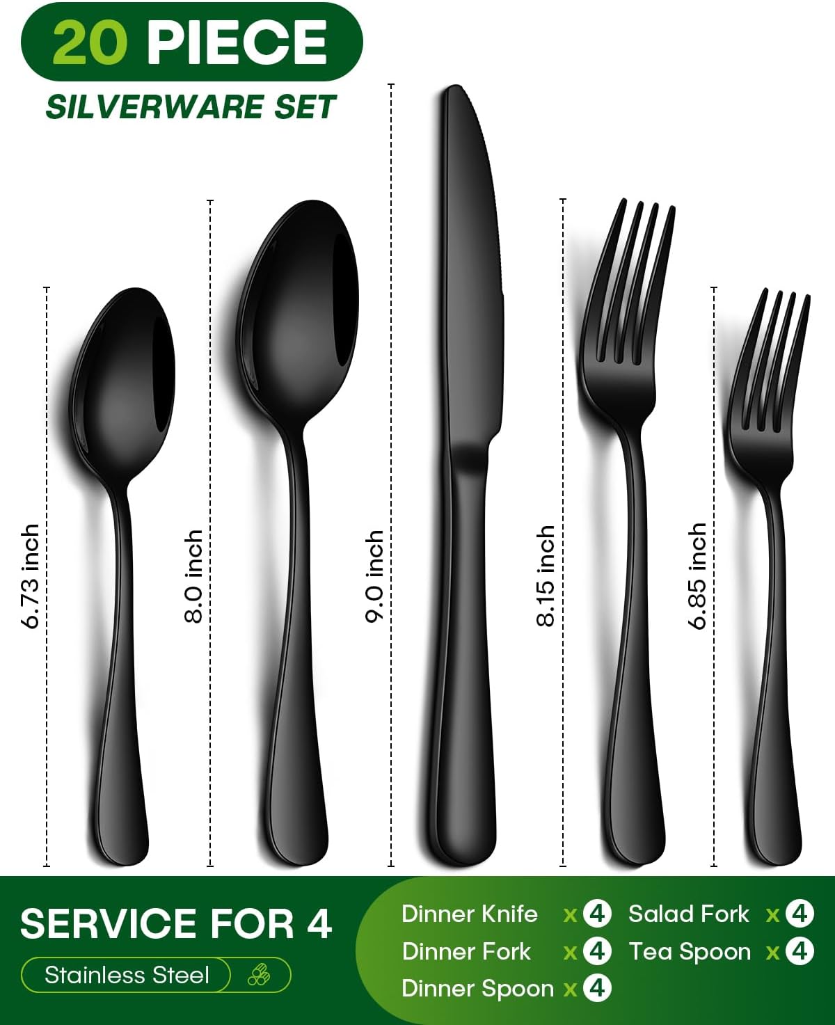 Philipala 20-Piece Black Silverware Set - Stainless Steel Flatware for 4 | Dishwasher Safe & Mirror Polished