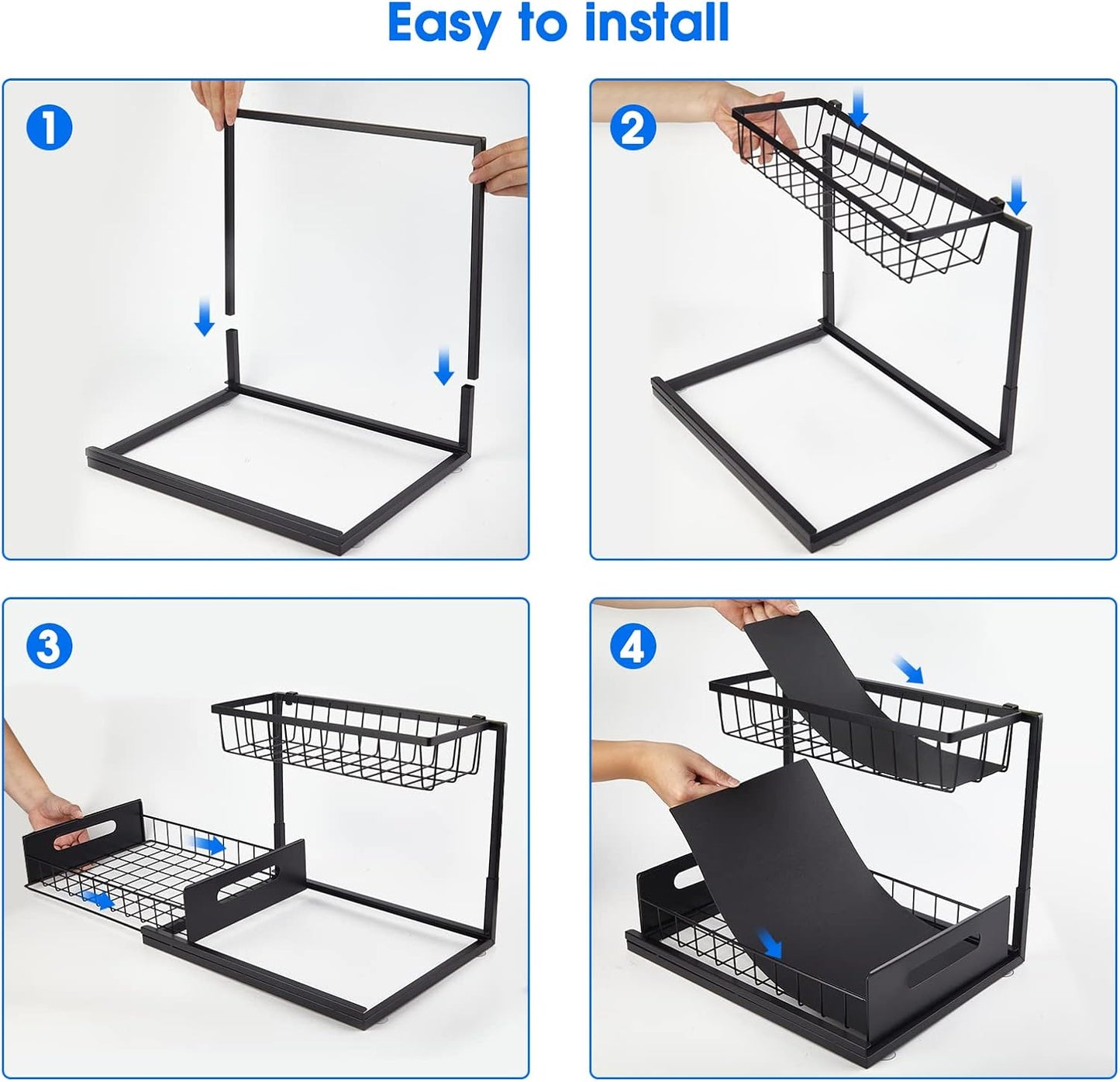 Under Sink Organizer - Skiennix 2-Tier Pull-Out Cabinet Storage Shelf | Rust-Resistant Metal, Easy No-Tools Installation, Black