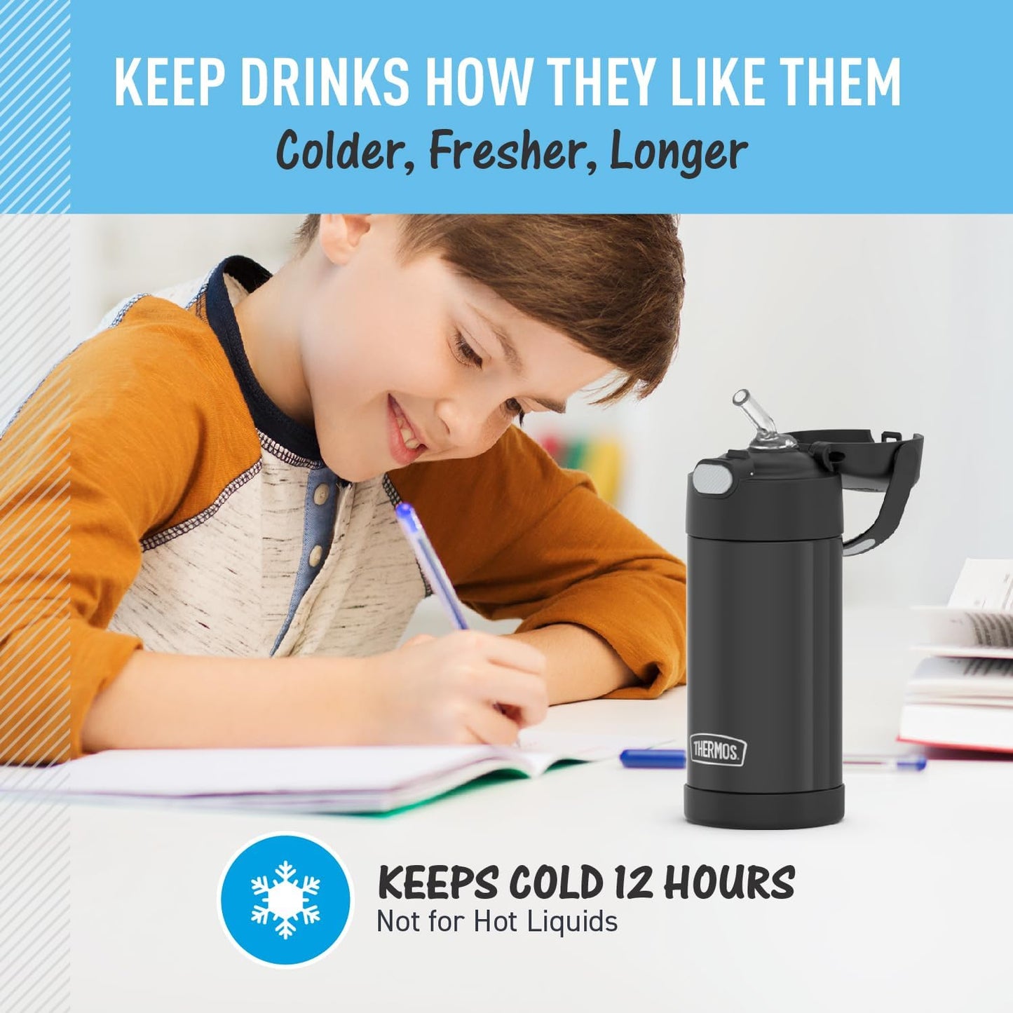 THERMOS FUNTAINER Water Bottle - 12 Ounce Kids Stainless Steel Vacuum Insulated with Straw - Black