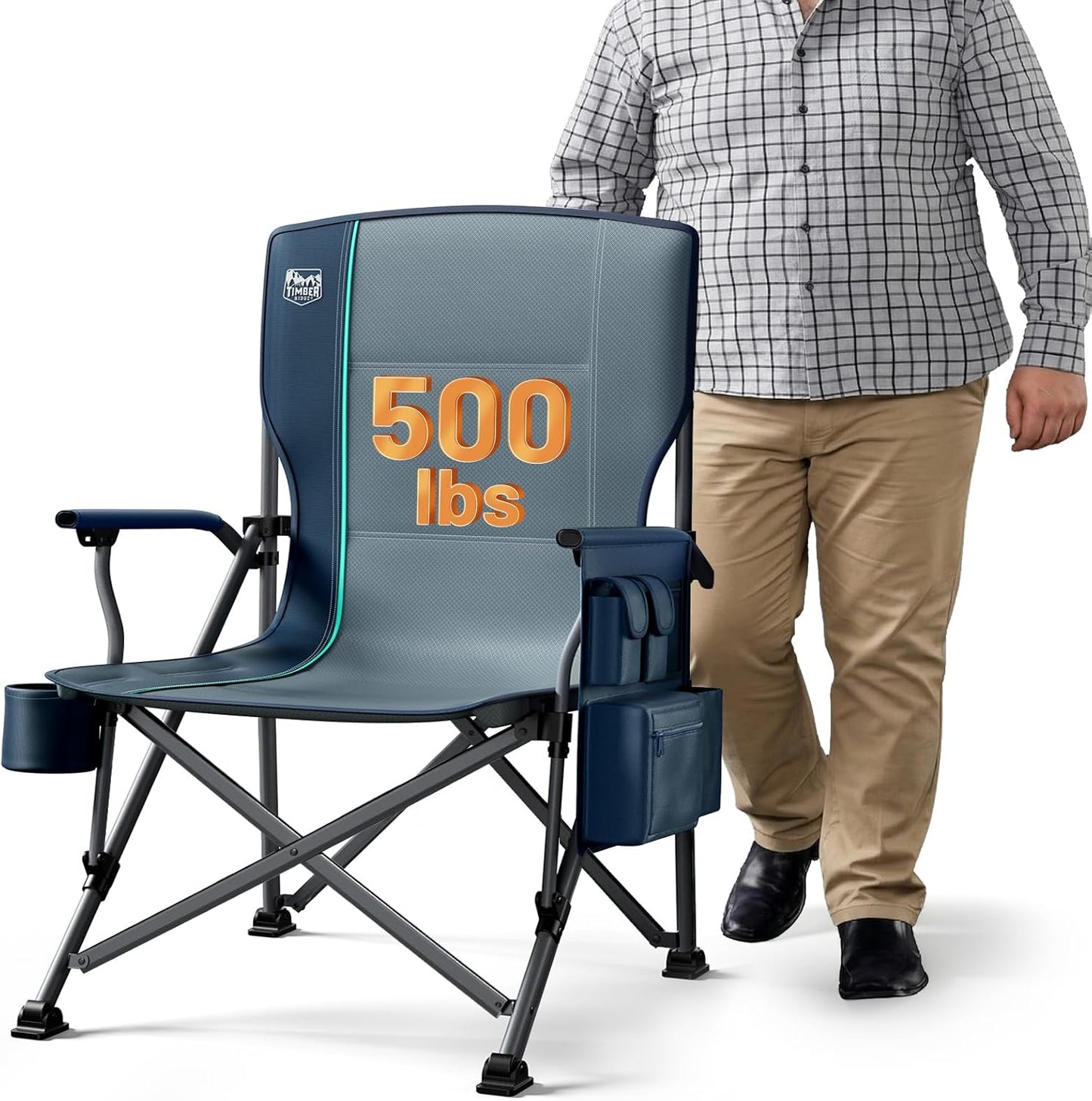 Timber Ridge Oversized Folding Camping Chair - Heavy Duty High Back Support Up to 500lbs | Includes Cup Holder & Cooler Bag