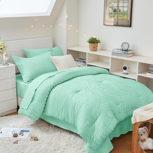 HYMOKEGE Twin XL Comforter Set - Mint Green Seersucker 5-Piece Luxury Bedding Set | All-Season Comfort