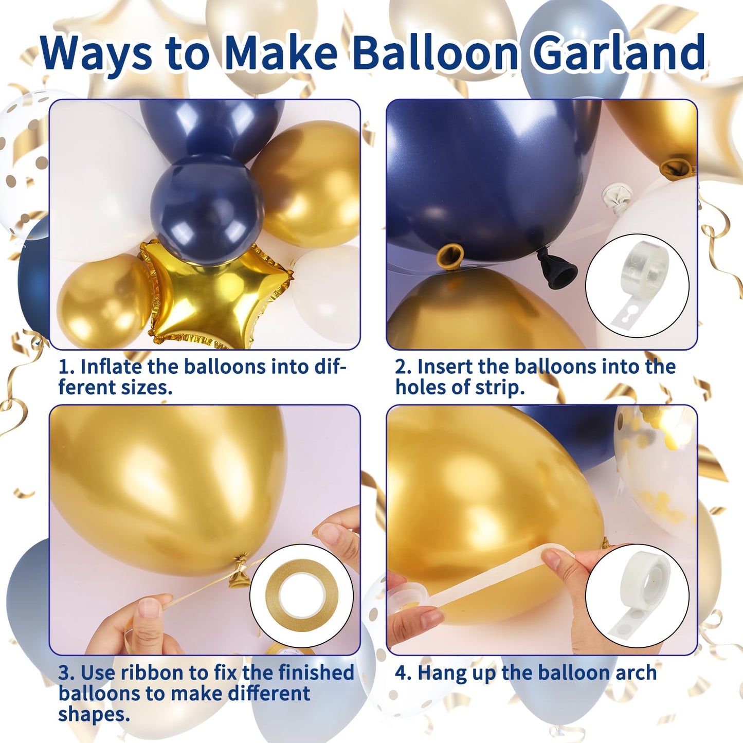 RUBFAC Navy Blue Gold Balloon Garland Arch Kit, 167pcs Royal Blue Gold White Balloons with Gold Confetti Balloons and Star Foil Balloons for Graduation Birthday Baby Shower Party Supplies Decorations