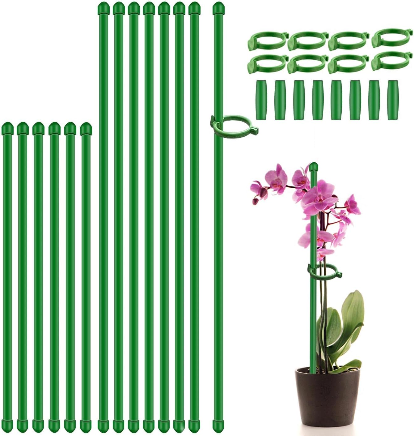 SupKing Plant Stakes - Adjustable 17" & 11" Support for Indoor/Outdoor Plants | 16 Pcs Orchid Sticks with Clips & 20 Ties (Green)