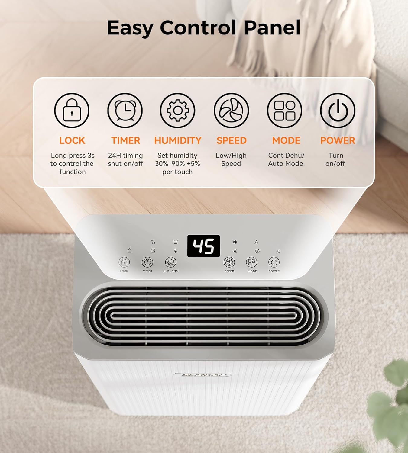SEMKAP 2500 Sq.Ft Dehumidifier - 32 Pints for Home, Large Rooms & Basements | Low Noise & Smart Control