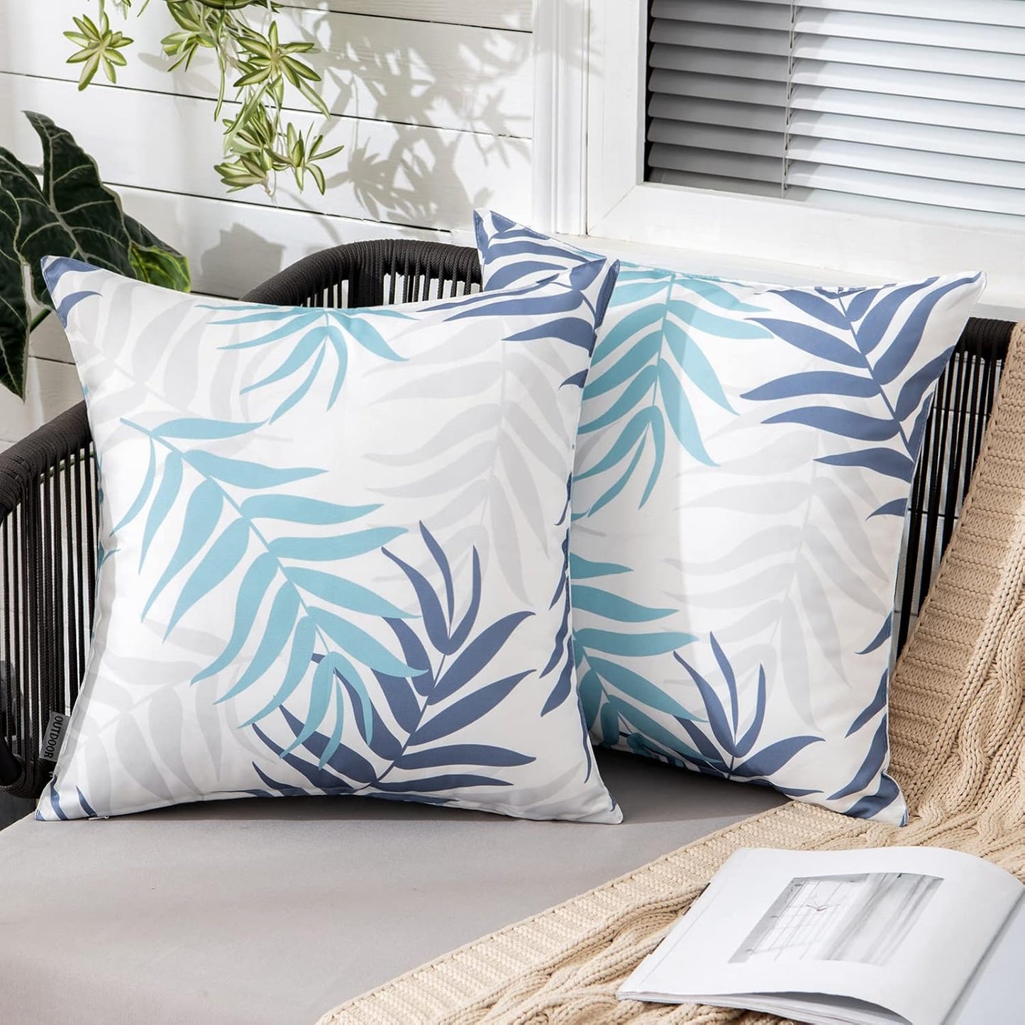 MIULEE Decorative Outdoor Throw Pillow Covers - Waterproof Natural Leaves Pattern | 18x18 Inch, Blue (Pack of 2)