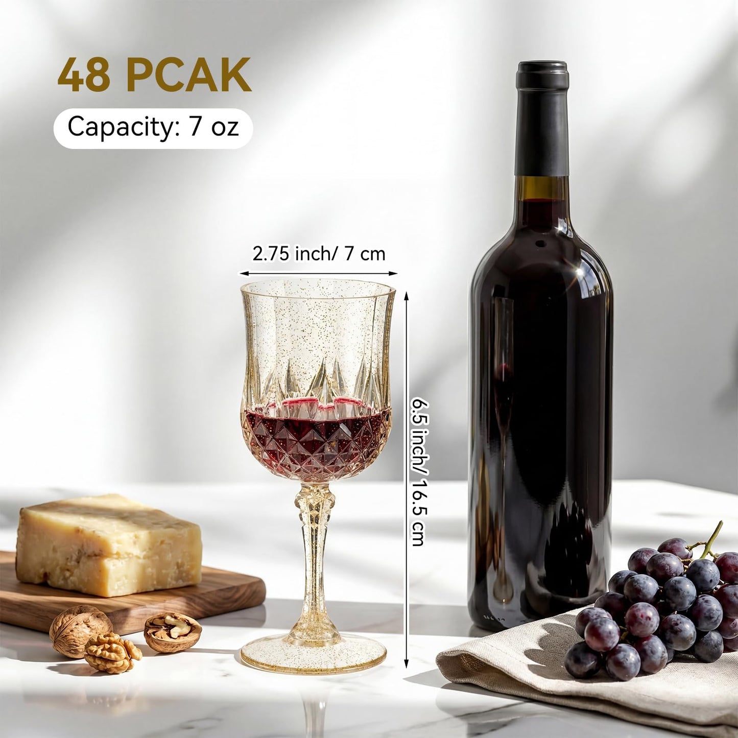 Sliner 48 Pcs Plastic Wine Glasses 7oz Vintage Drinking Goblets Unbreakable Crystal Water Glassware Reusable Diamond Champagne Flutes Cups for Wedding Banquet Birthday Party Supplies(Gold Glitter)