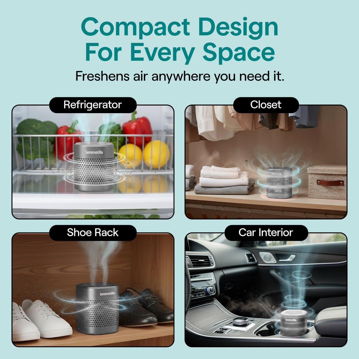 SereneLife Fridge Deodorizer - Multi-Use Odor Eliminator Pod for Refrigerators, Freezers & More | Compact & Reusable (Gray)