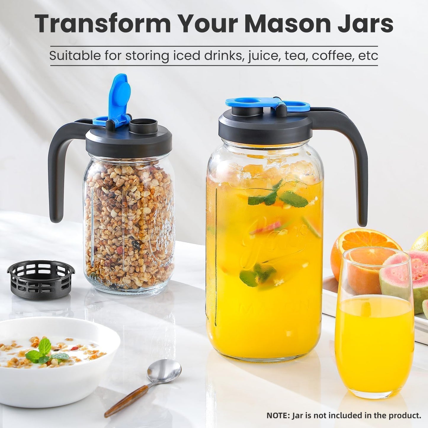 [UPGRADED LID] Wide Mouth Mason Jar Pour Spout Lids with Detachable Filters - 2 Pack Flip Top Pitcher Lids with Handle for Ball, Kerr & Others- Leak Proof Seal Cover Cap, Dishwasher Safe, Food Grade