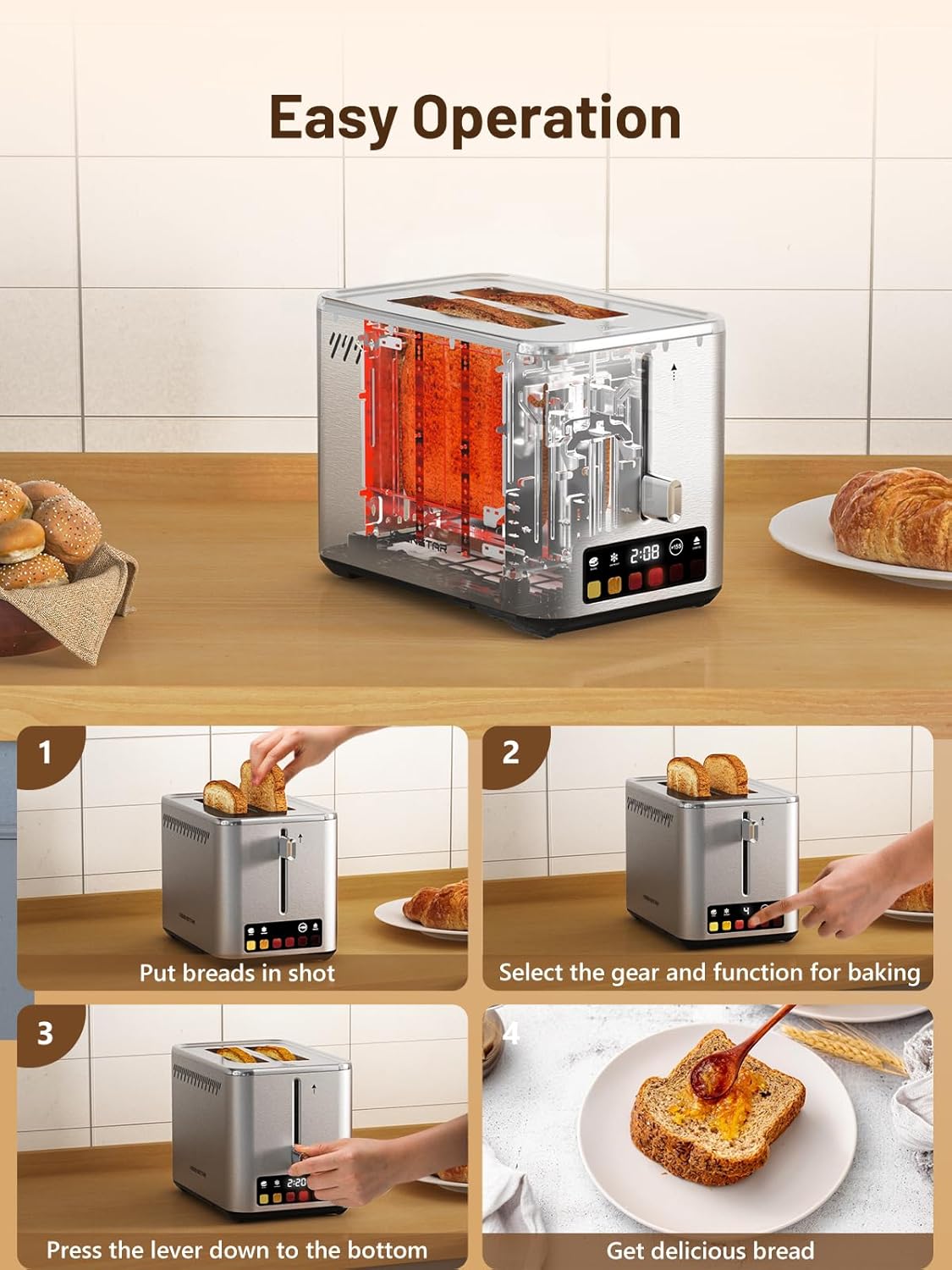 KEENSTAR 2-Slice Touch Screen Toaster - 6 Browning Levels, Wide 1.5" Slots, Stainless Steel Finish