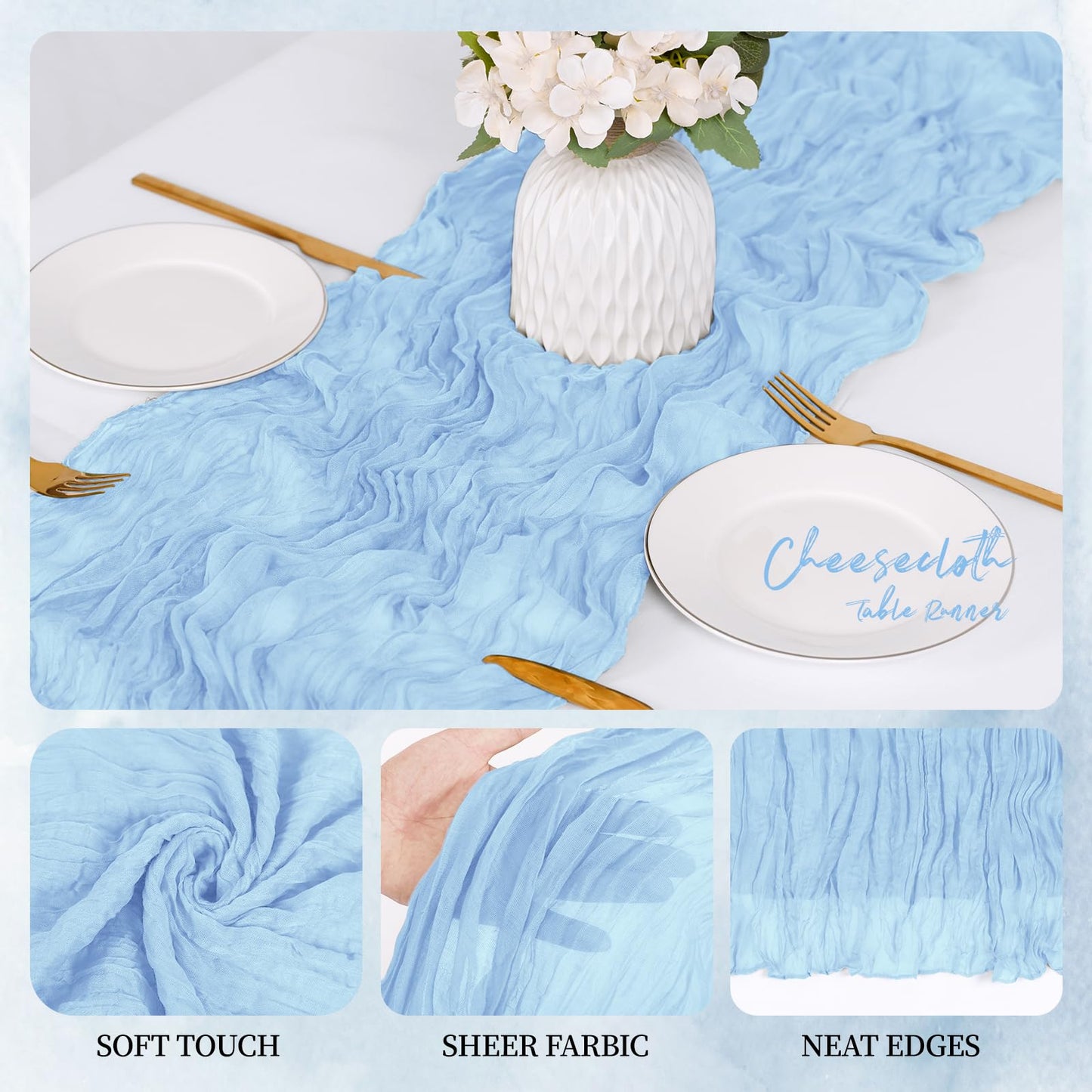 RealBox 12 Pack Baby Blue Cheesecloth Table Runner 17x108 Inch Semi Sheer Boho Gauze Cheese Cloth Fabric Table Runners, for Wedding Party Baby Shower Birthday Home Decor Garden Farmhouse