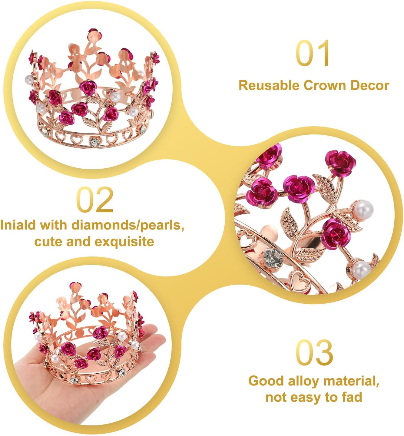 Uxcell Mini Crown Cake Toppers - Alloy Tiara with Pearl & Rose for Birthday/Wedding Decor | Rose Gold/White/Rose Red