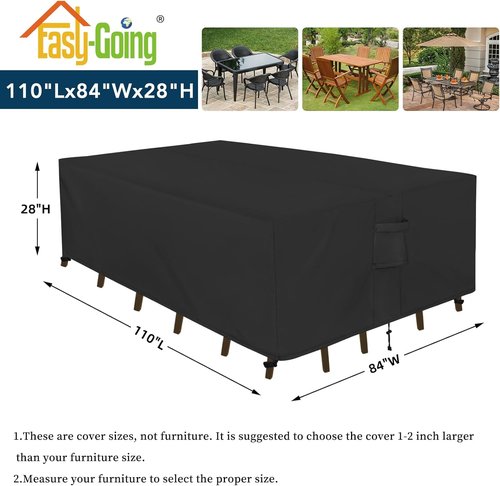 Easy-Going Waterproof Rectangle Patio Furniture Cover - UV-Resistant Dining Table & Chair Set (110"L x 84"W x 28"H, Black)